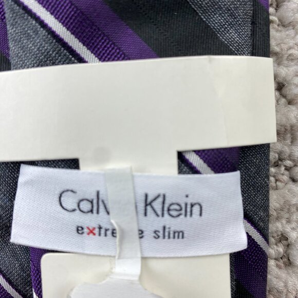 Calvin Klein Extreme Slim Men's Neck Tie Gray Black Purple Stripes Formal Preppy - Picture 5 of 5